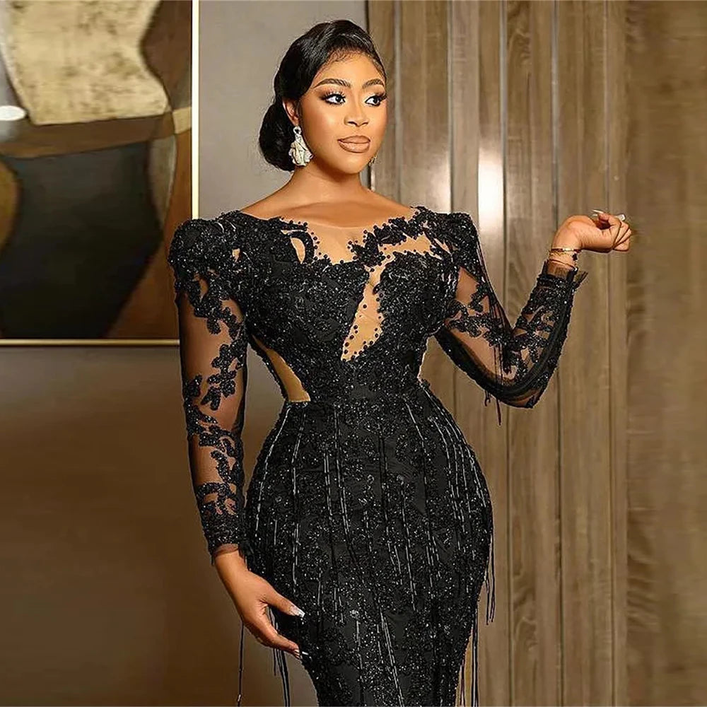 Customized Mermaid Sexy Black Evening Dresses Jewel Neck Lace Appliques Crystal Beaded Party Dress Long Sleeves Prom Gowns