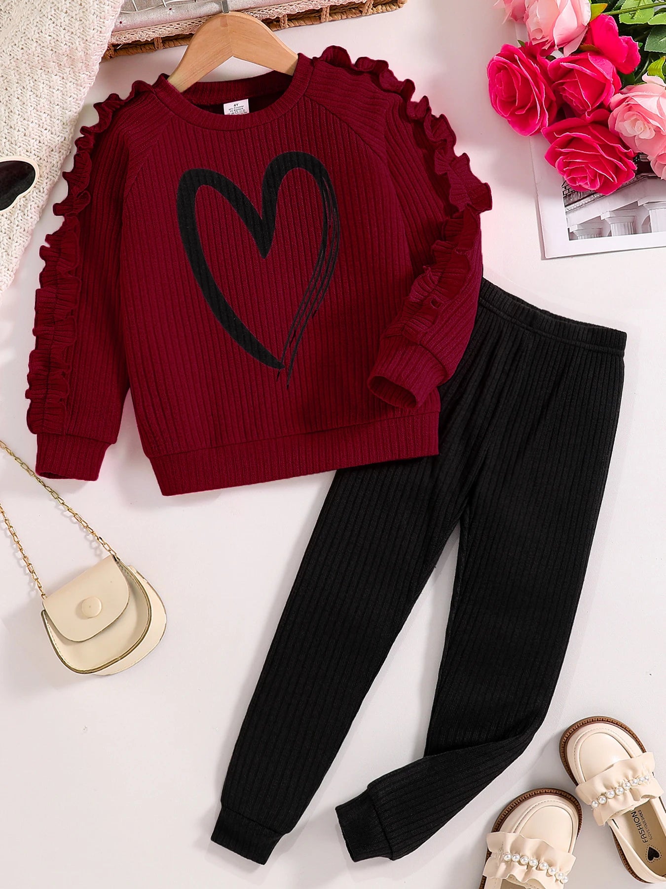 Spring and Autumn children fashion sports set girls sweater + casual pants two-piece girls cartoon heart printed clothing