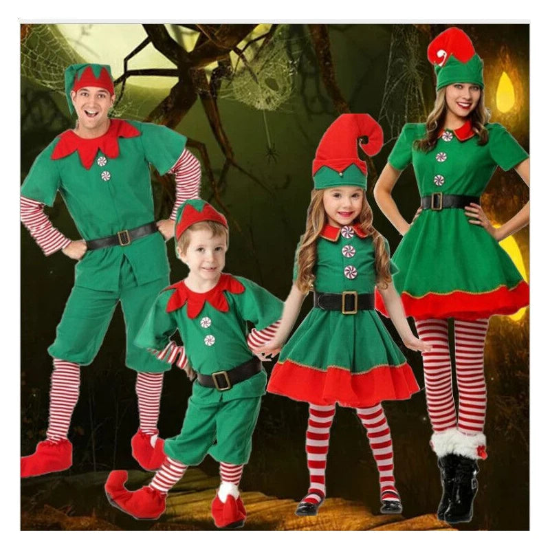 2026 New Year Green Elf Costume For Girl Boy Santa Claus Suit Set With Hat Children Christmas Party Performance Set