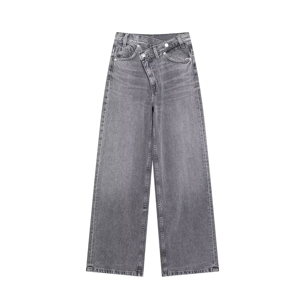 Women's Basic Hundred Jeans New Fashion Asymmetric Design High Waist Wide Leg Trousers Casual Women's Straight Leg Jeans