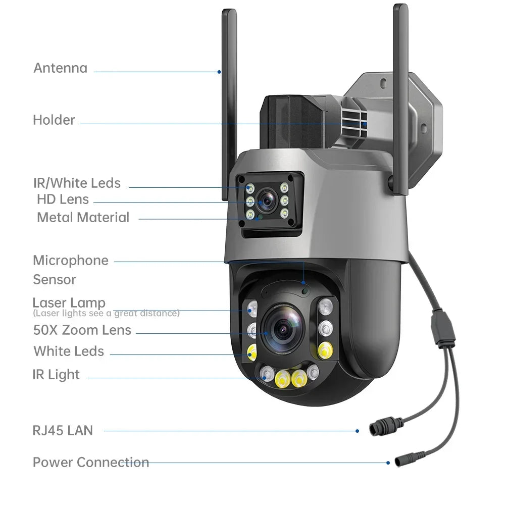 8MP 50X Zoom PTZ Camera Wifi Dual Lens 4K 20X Outdoor Surveillance Camera 393ft Ultra Long IR Vision Distance ONVIF Security