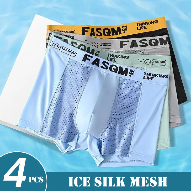 4pcs Mesh Ice Silk Boxer Shorts Men's Underwear FASQM Underpants Breathable Sexy Slim Panties Bamboo Lingerie Plus Size L-6XL