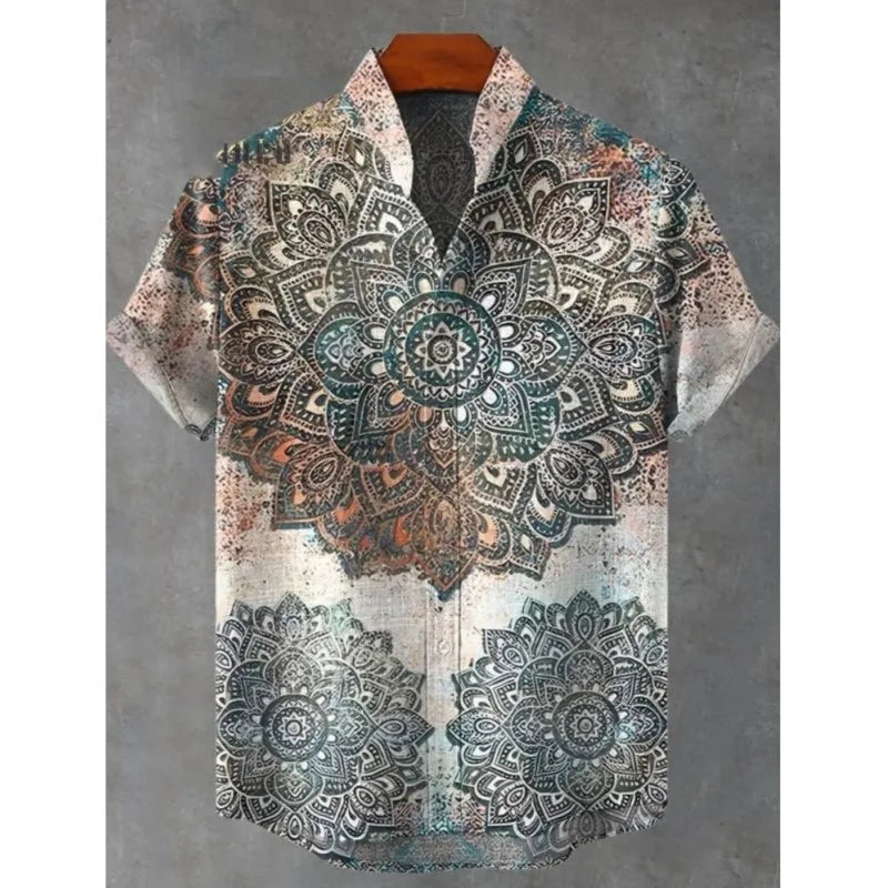 2025 Men's Mandala Flower Pattern Short Sleeve Shirt Summer Vintage New Linen Shirt men's Short Sleeve Leisure Holiday Streetwea