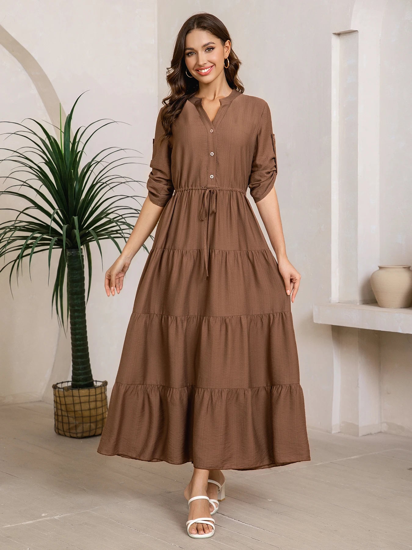Women's casual dress, V-neck, three-quarter sleeves, half-opening, drawstring waist, layered A-line skirt, brown, elegant mature