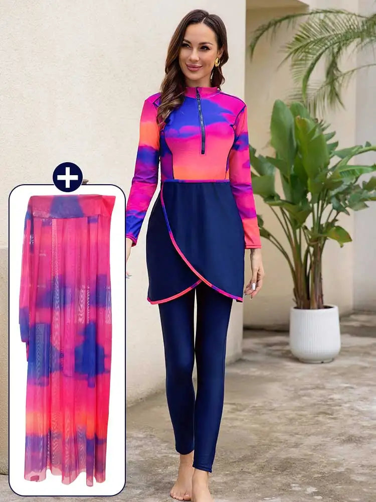 3/4PCS Summer Burkini Femmes Beach Floral Muslim Swimwear Swimsuit Women Burkini With Shawl, Quick Drying, UPF50+