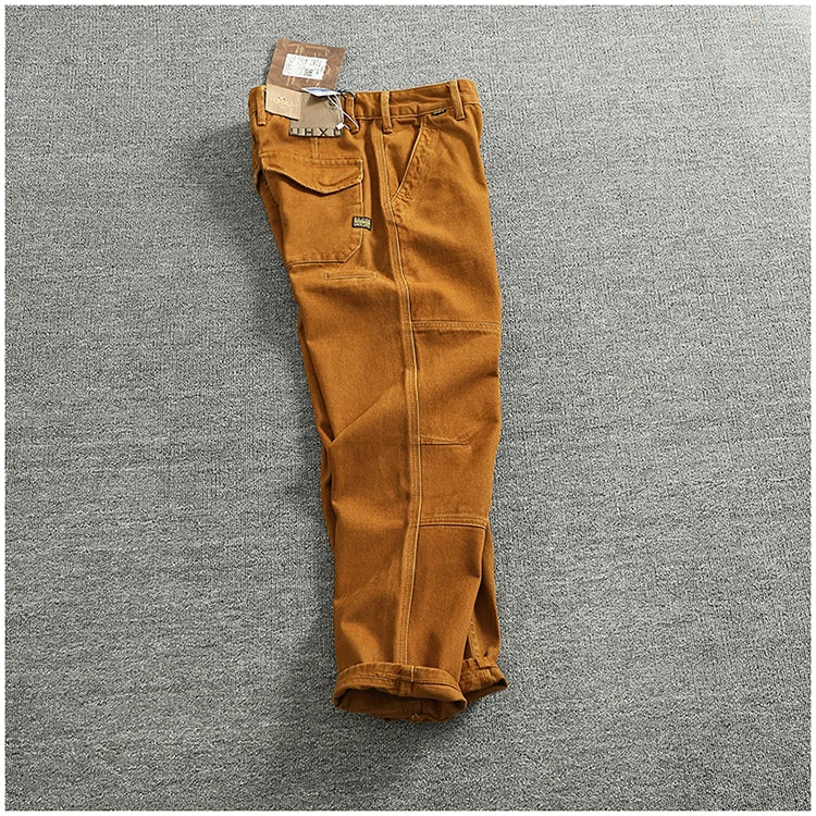 Retro heavy simple cargo pants men's loose straight leg casual pants pure cotton twill woven 3D vertical cut cone pants