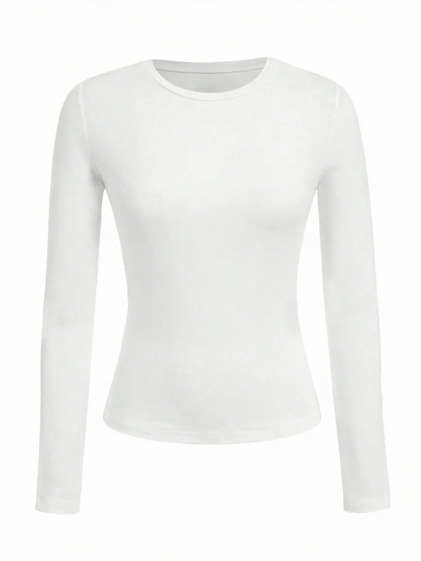 Women's solid-color long-sleeved T-shirt - Polyester knitted fabric, round neck, regular fit, fall-winter style