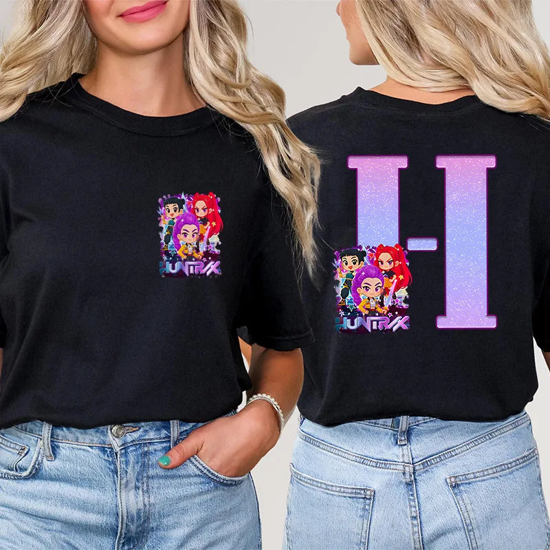 Fashion A-Z 26 Letter T-Shirts Kpop Demon Hunters Graphic Aesthetic Clothing Women T-Shirt Harajuku Female Clothing Y2k Tops