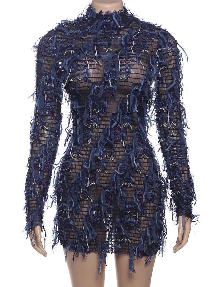 kliou Stacked Pleated Women Mini Dress 2024 New Stunning O-neck Body-shaping Patchwork Vestidos Female Attractive Party Frock