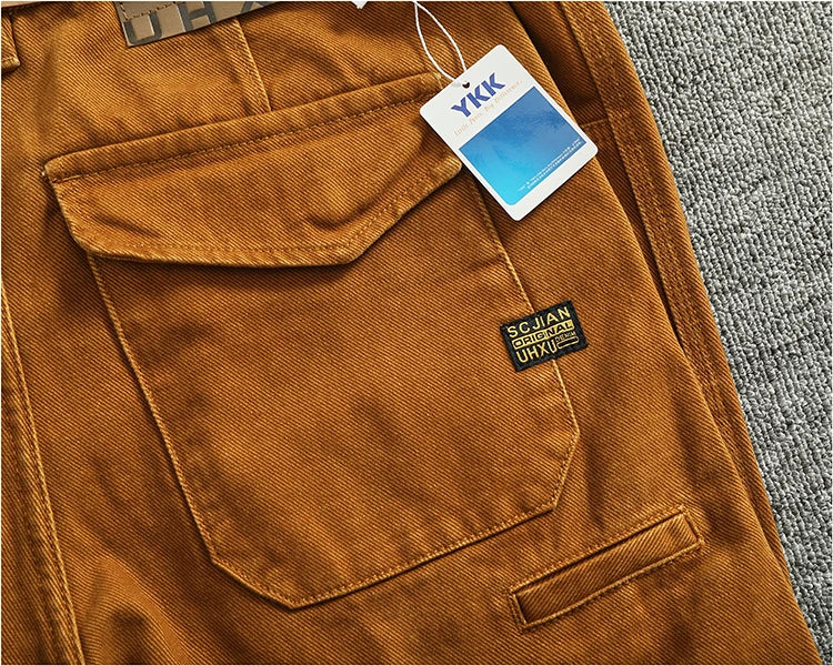 Retro heavy simple cargo pants men's loose straight leg casual pants pure cotton twill woven 3D vertical cut cone pants