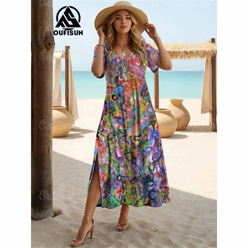 Elegant Womens Dresses Summer V-Neck Women's Clothing Vintage Woman Long Dress Fashions Evening Dress Loose Oversize Pullover