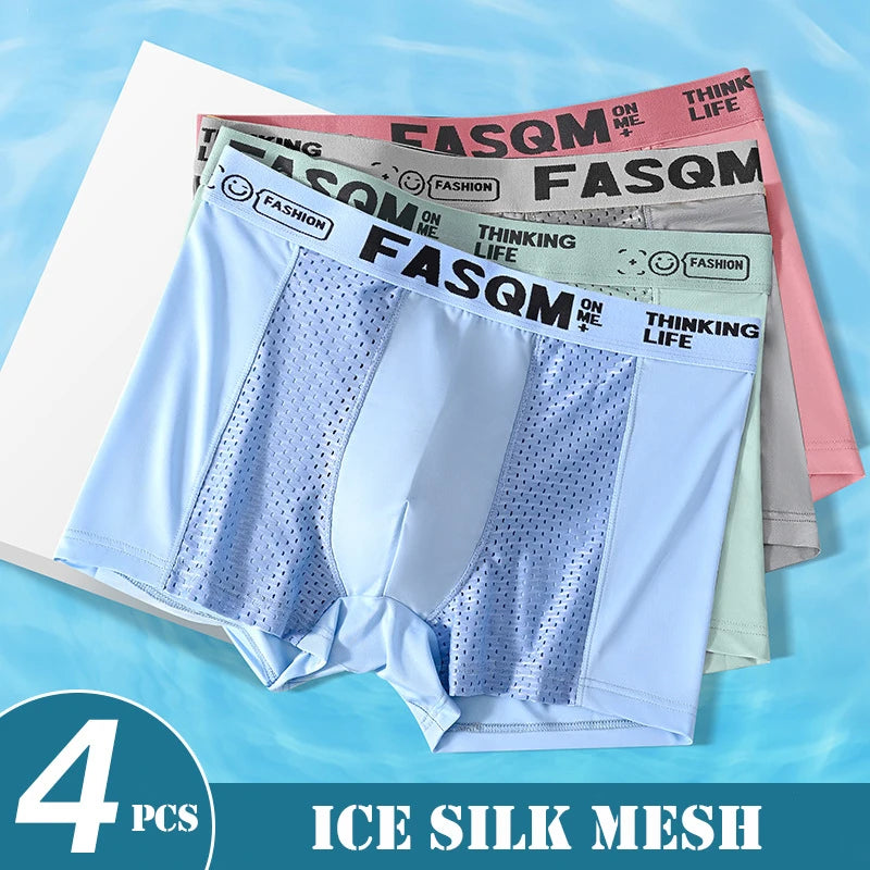 4pcs Mesh Ice Silk Boxer Shorts Men's Underwear FASQM Underpants Breathable Sexy Slim Panties Bamboo Lingerie Plus Size L-6XL