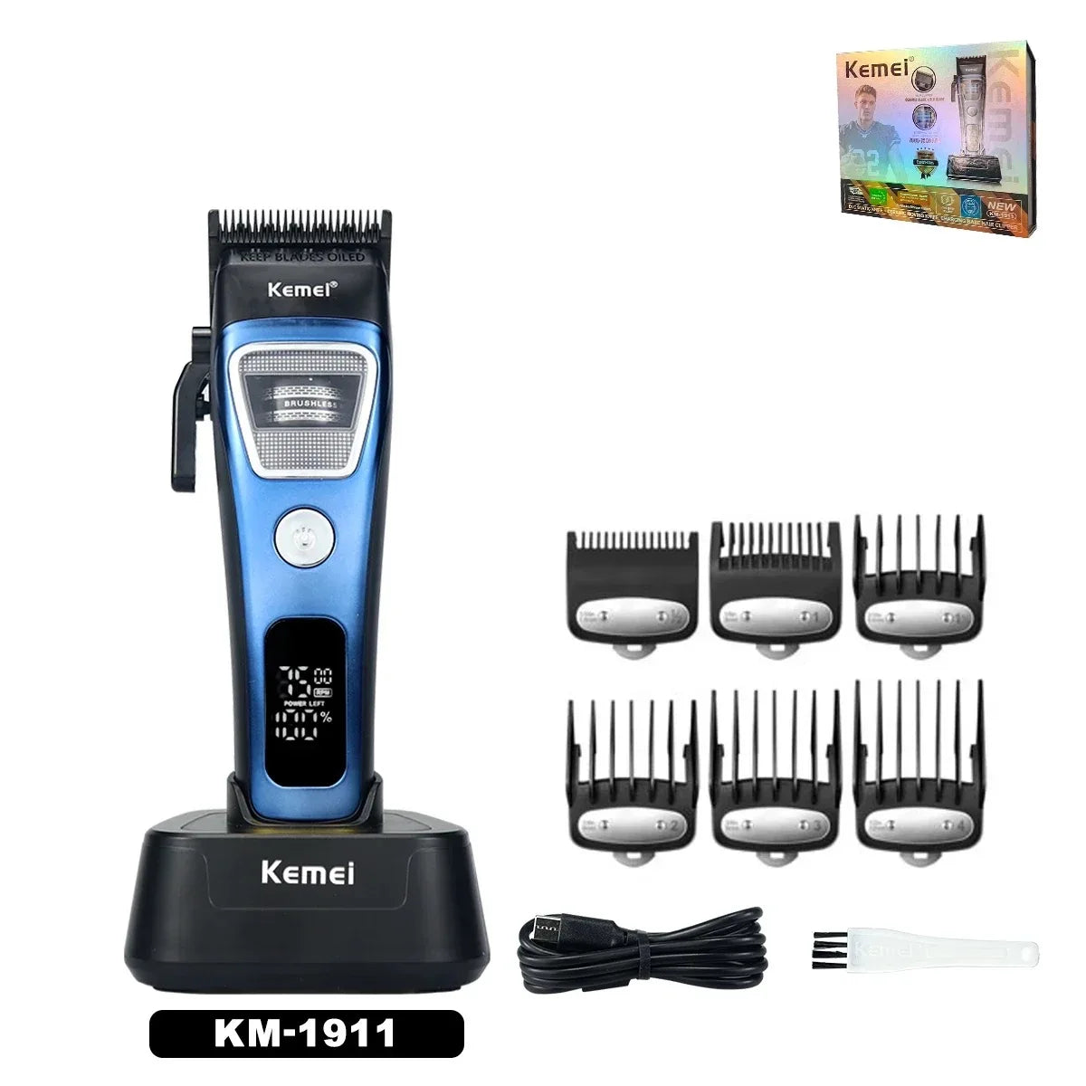 Kemei KM-1911 Professional Hair Clipper for Men DLC Blade External Rotor Brushless Motor with Base Charger LED Display Haircut