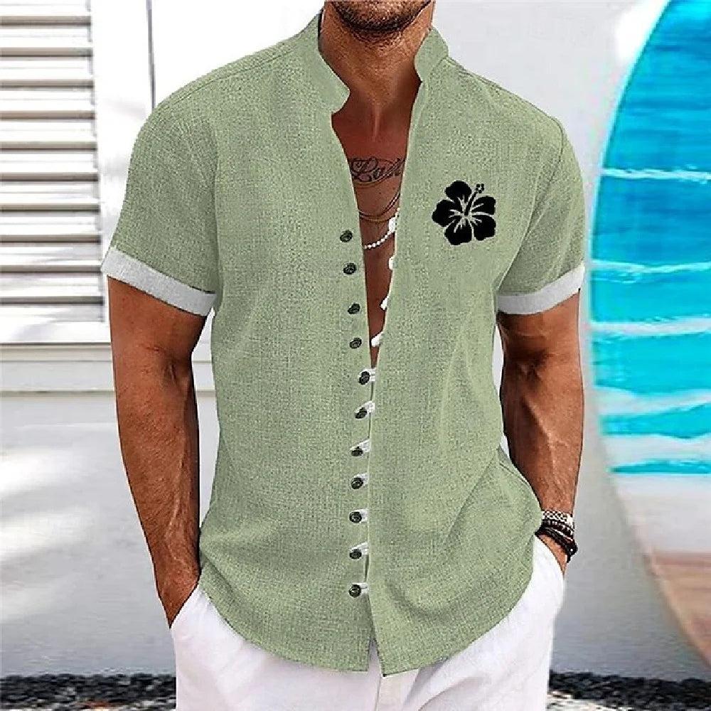 New men's linen short-sleeved shirt, with a fashionable retro style, ethnic motif printing, comfortable and breathable. Men's sh