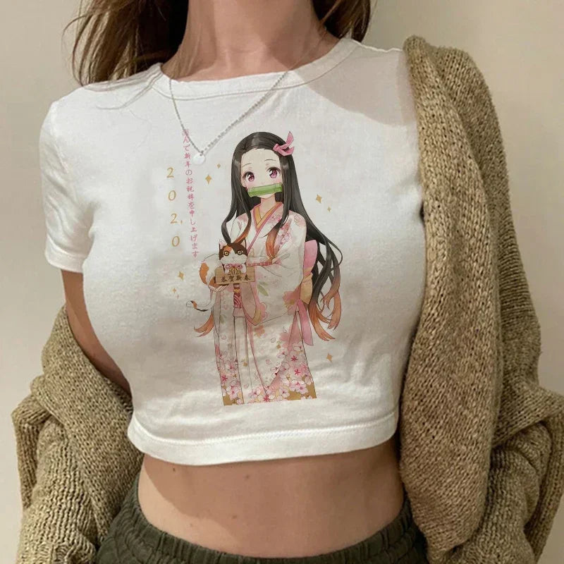 90s Manga Kimetsu No Yaiba Crop Top Demon Slayer T Shirt Women Y2k Nezuko Japanese Anime Tshirt Tanjirou Kamado Cropped Female
