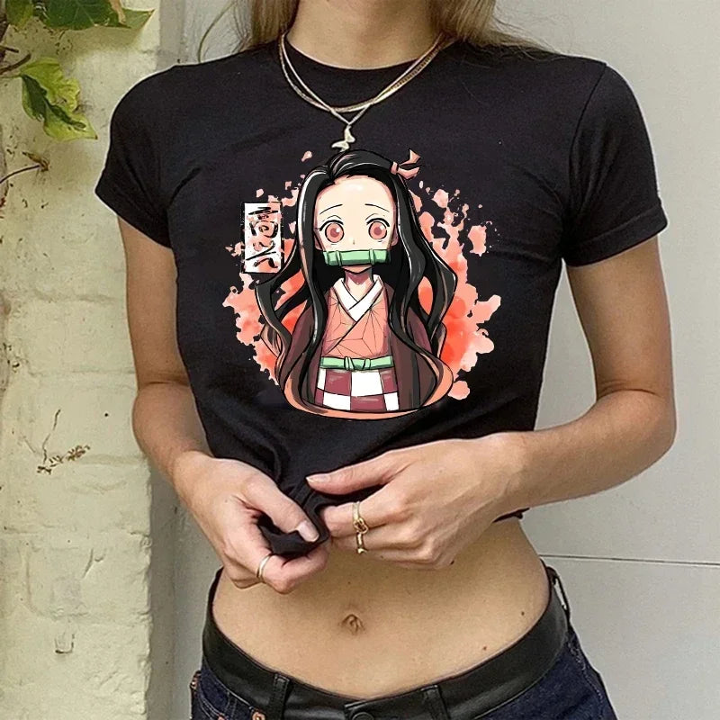 90s Manga Kimetsu No Yaiba Crop Top Demon Slayer T Shirt Women Y2k Nezuko Japanese Anime Tshirt Tanjirou Kamado Cropped Female