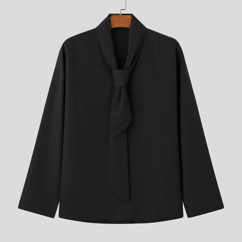 INCERUN Men Shirt Solid Color Lace Up Long Sleeve Loose Casual Men Clothing Streetwear 2024 Fashion Leisure Male Shirts S-5XL