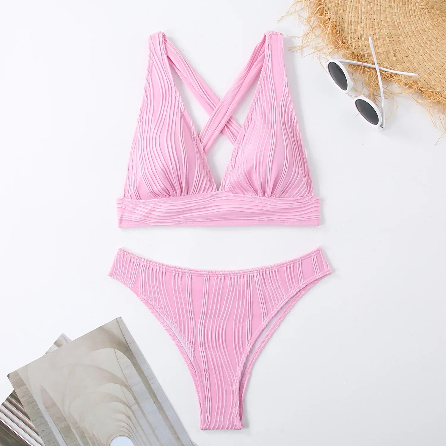2025 Wrinkled Crinkled Bikini Women Swimwear Female Swimsuit Two-pieces Bikini Set High Cut Bathing Suit Swim Beach Wear Lady