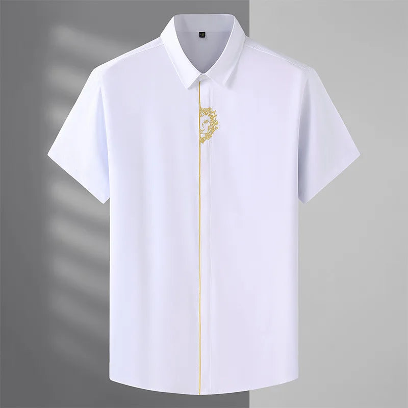 Upto 10XL Size Short Sleeve Embroidered Shirt Men's Casual Loose Oversized Black and White Short Sleeve Shirt Summer
