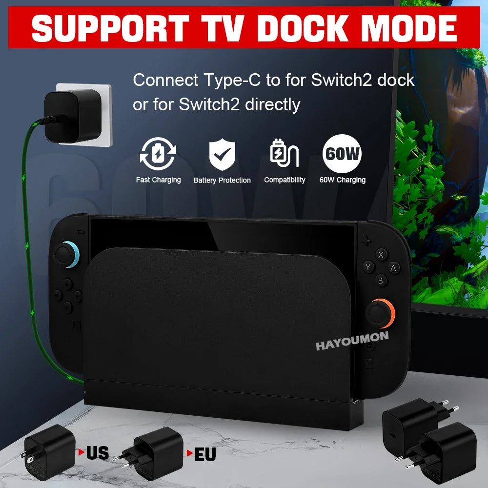 60W Type C AC Adapter For Switch 2 Fast Charger Power Supply Support TV Mode Wall Charger For Switch 2 Gaming Accessories