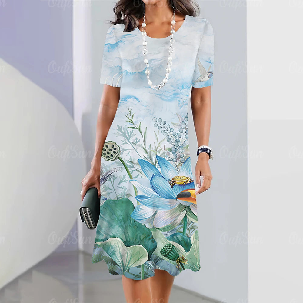 Summer Women'S Dresses 3d Art Flowers Printed Short Sleeve Clothing Elegant Loose A-Line Skirt Fashion Lady Large Size Dress