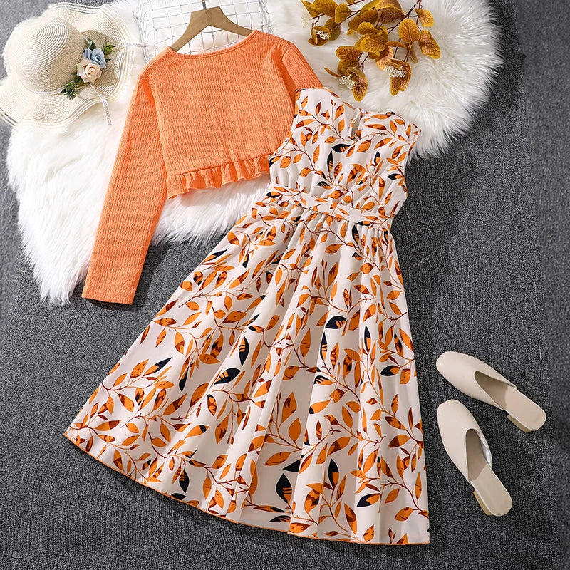 Children Casual Vacation Suits Orange Long-Sleeved Top & Printed Dress Stylish Girls Suits Vacation Holiday Clothes Kids Outfits