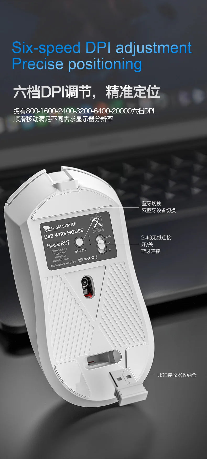 SMAILWOLF RS7 Tri-Mode Wireless Bluetooth Gaming Mouse - PAW3311 Chip Universal for Desktops & Laptops