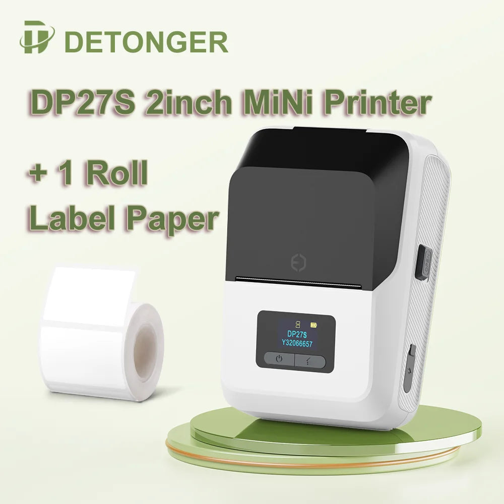 DETONGER DP27S 2inch Mini Thermal Printer No Ink Wireless Connect Compatible iOS Android for Home&Office Cable Sticker Printer