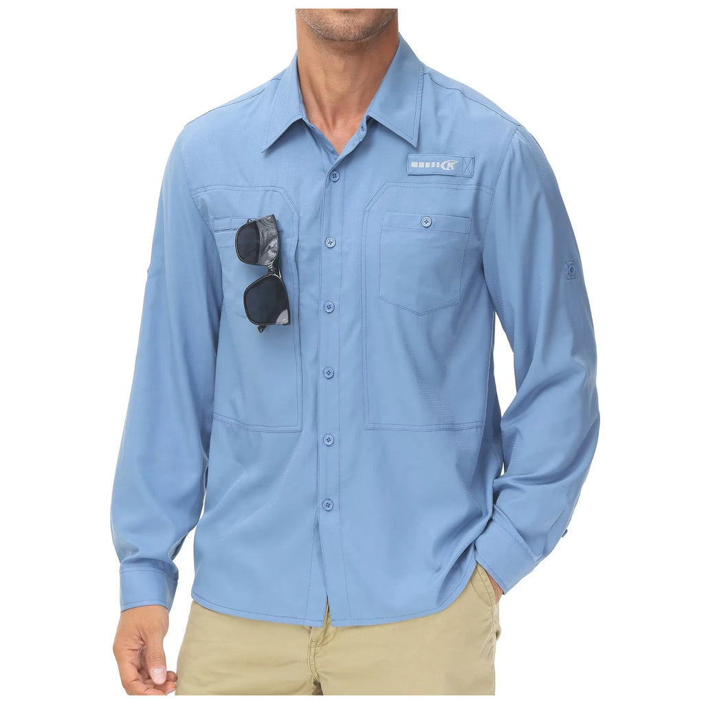 Summer Men's UPF 50+ Casual Long Sleeve Fishing Shirts, Lightweight Tactical Button Down Shirt with Breathable Back Mesh