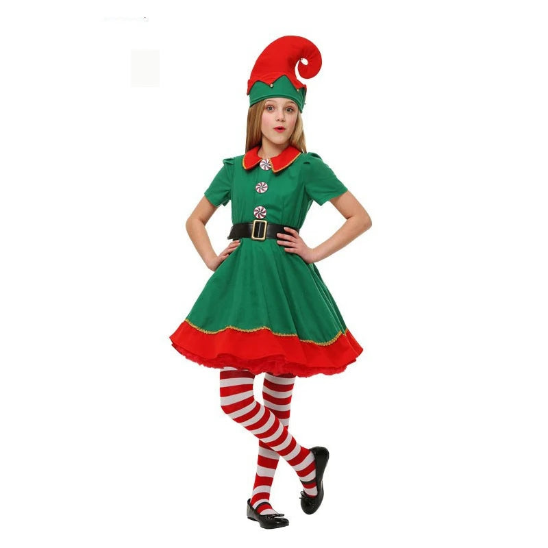 2026 New Year Green Elf Costume For Girl Boy Santa Claus Suit Set With Hat Children Christmas Party Performance Set