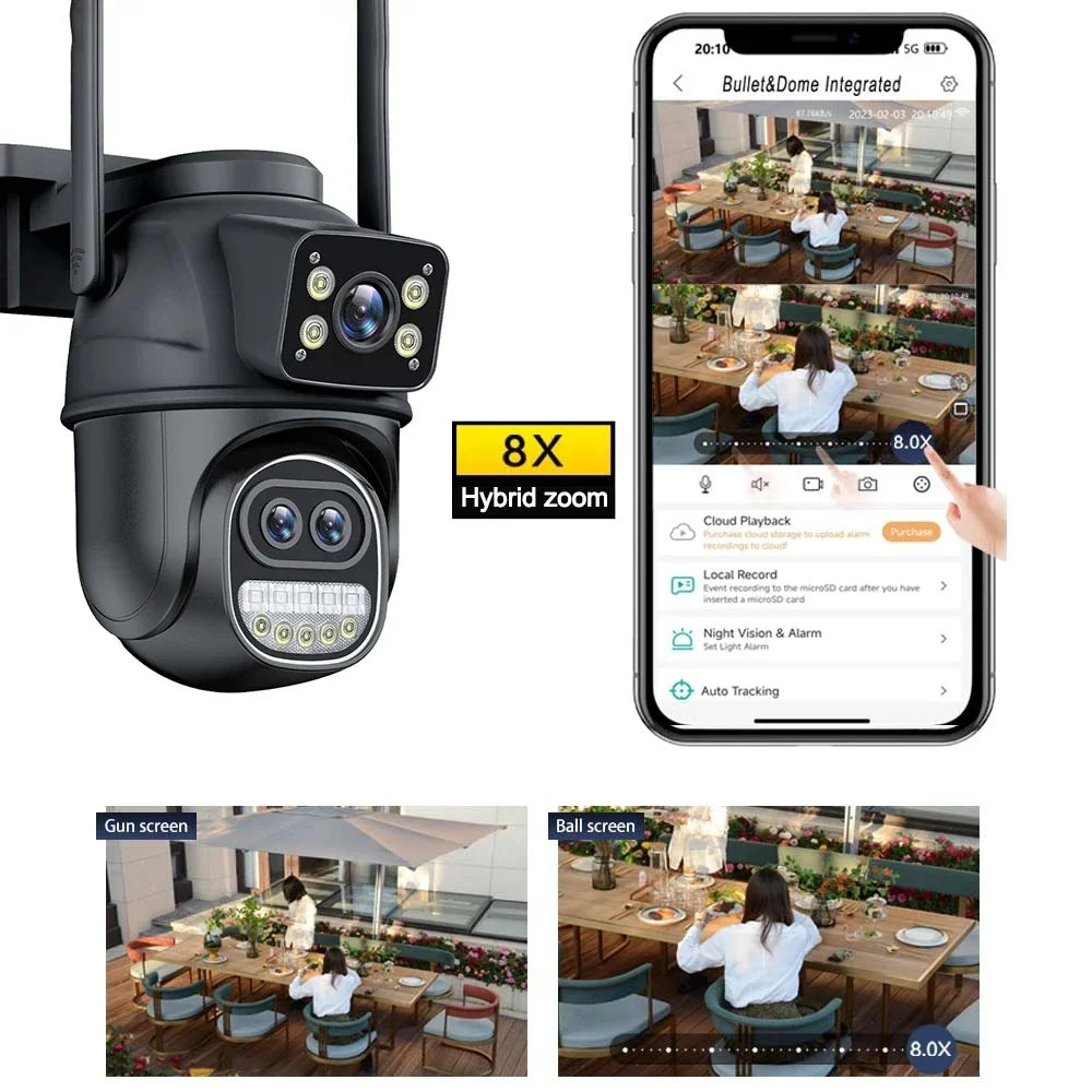 12MP 6K HD WiFi IP Camera Outdoor 8X Zoom Three Lens Dual Screen PTZ Camera Auto Tracking 6MP Security CCTV Surveillance Camera