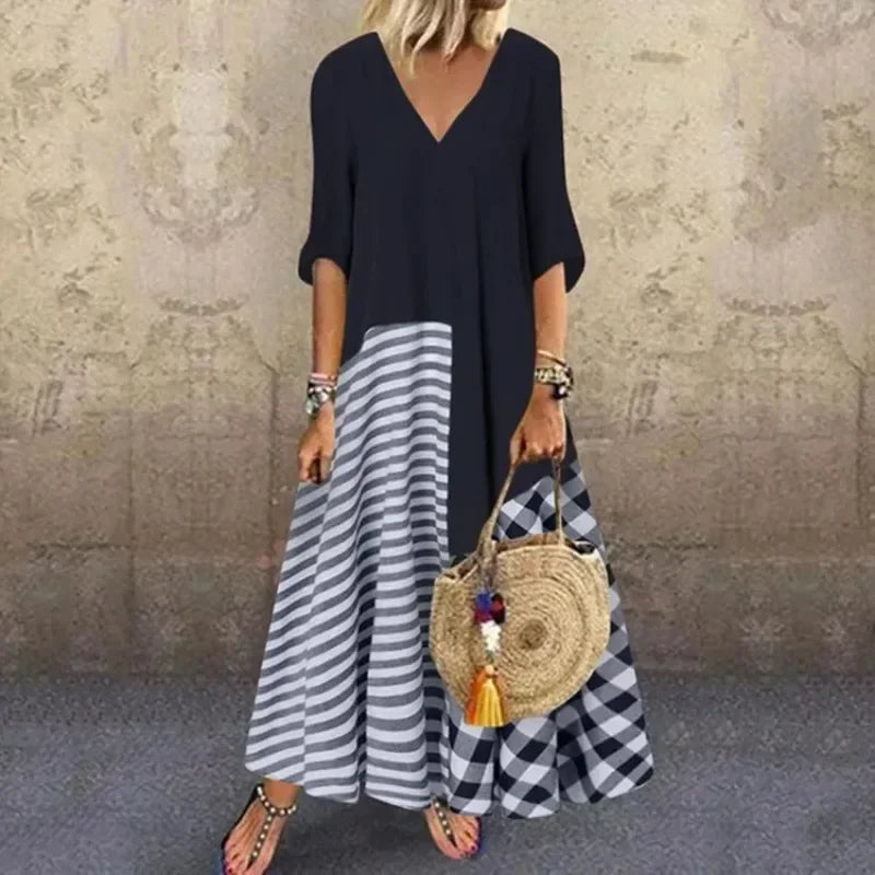 Women's S-5XL size Classic striped shirt dress casual and elegant V-neck short sleeved plain printed dress long casual dress