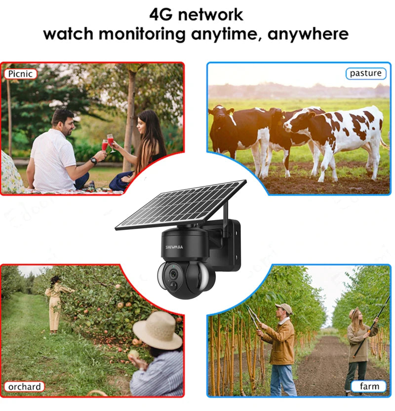 SHIWOJIA 4MP WIFI Solar Camera 4G Sim Card PIR Human Detection Solar Battery Security Camera CCTV Video Surveillance Outdoor Cam