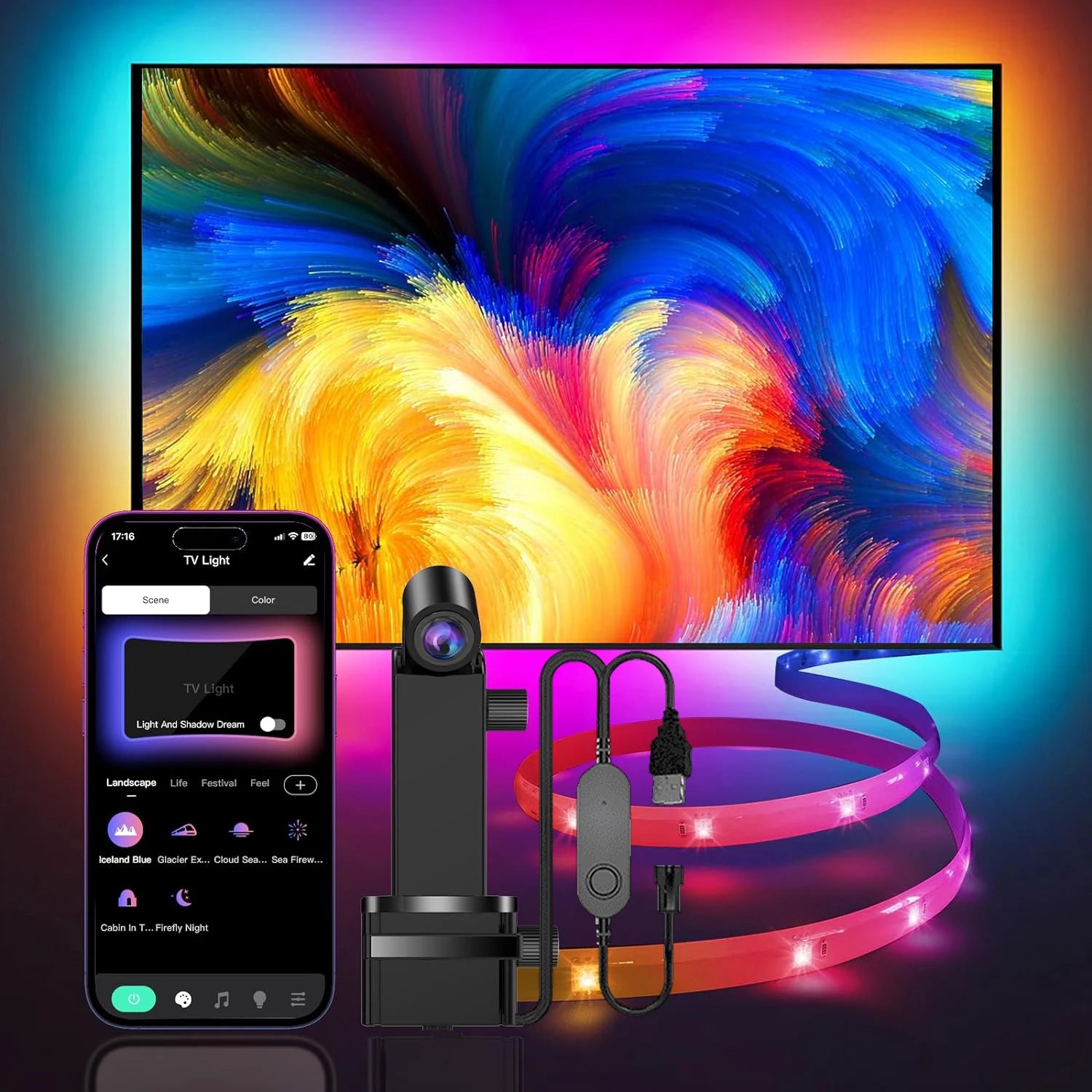 EISSLOLY APP Control Colorful Light Strips, LED Gaming TV, Smart Backlight, Suitable for TV Living Room Atmosphere Decoration