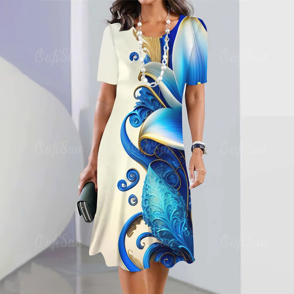 Summer Women'S Dresses 3d Art Flowers Printed Short Sleeve Clothing Elegant Loose A-Line Skirt Fashion Lady Large Size Dress