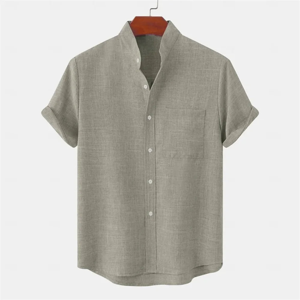 Summer new men's pure-color linen short-sleeved collared shirt - Casual enhanced version men's shirt - Fast shipping