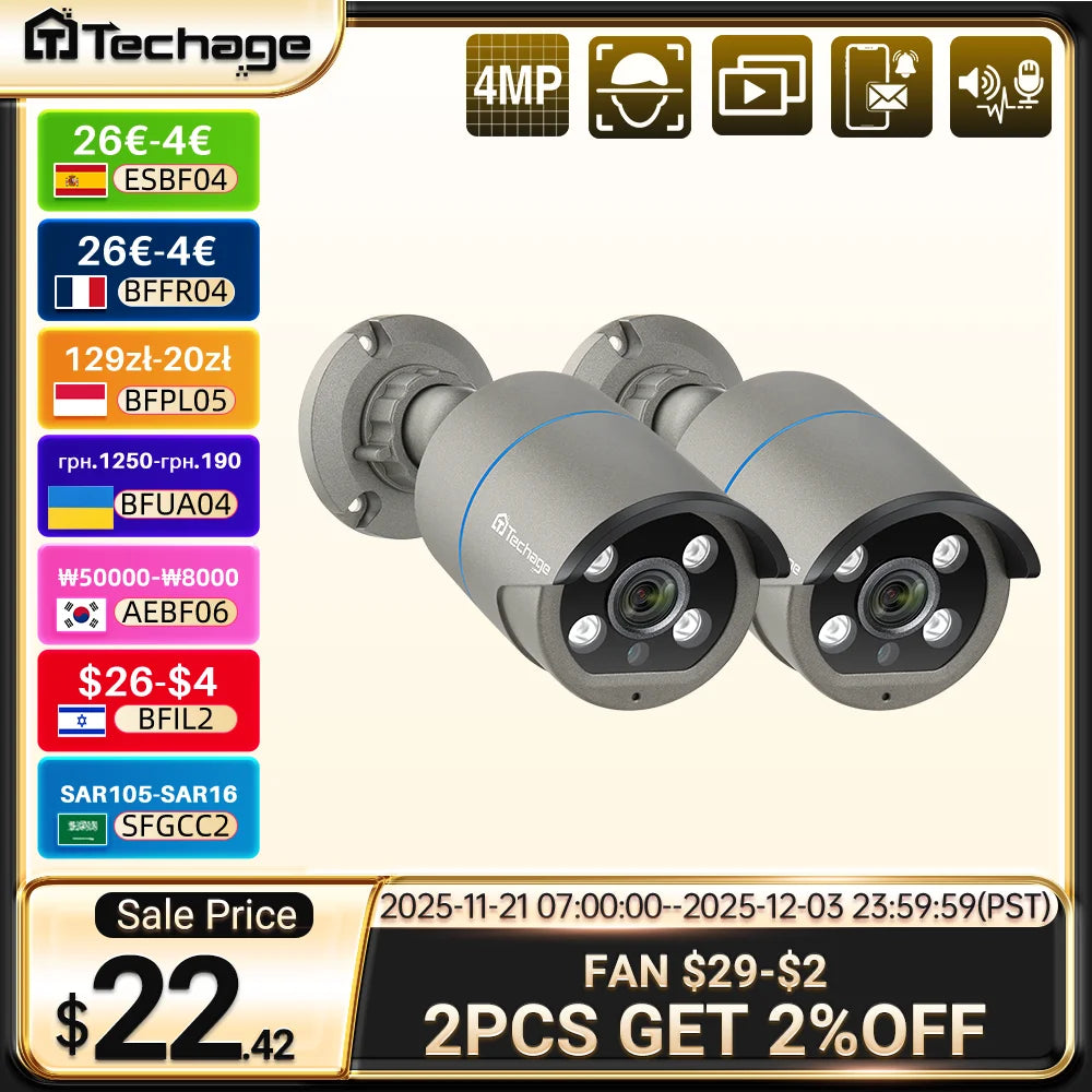 Techage HD 4MP AI POE IP Camera Two Way Audio IR Night Outdoor Waterproof CCTV Video Security Surveillance Camera For NVR Kit