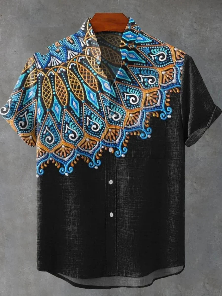 2025 Men's Mandala Flower Pattern Short Sleeve Shirt Summer Vintage New Linen Shirt men's Short Sleeve Leisure Holiday Streetwea