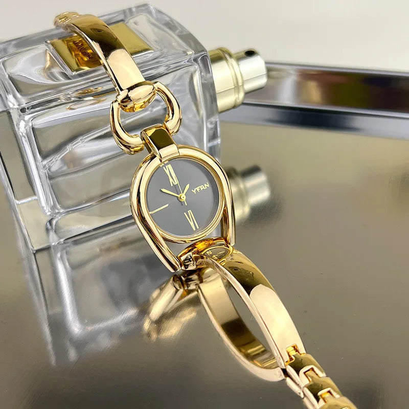 1pc Elegant Ladies Luxury Golden-Tone Quartz Watch - Retro Fashion Analog Bracelet With Alloy Band And Clasp, Fashion Accessory