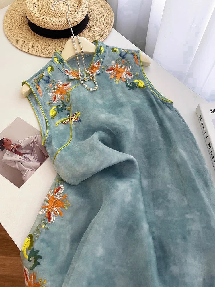 Chinese Style Blue Cheongsam Dress Women Autumn 2025 Embroidered Slim Fit Elegant Qipao Midi Dress Vintage Fashion