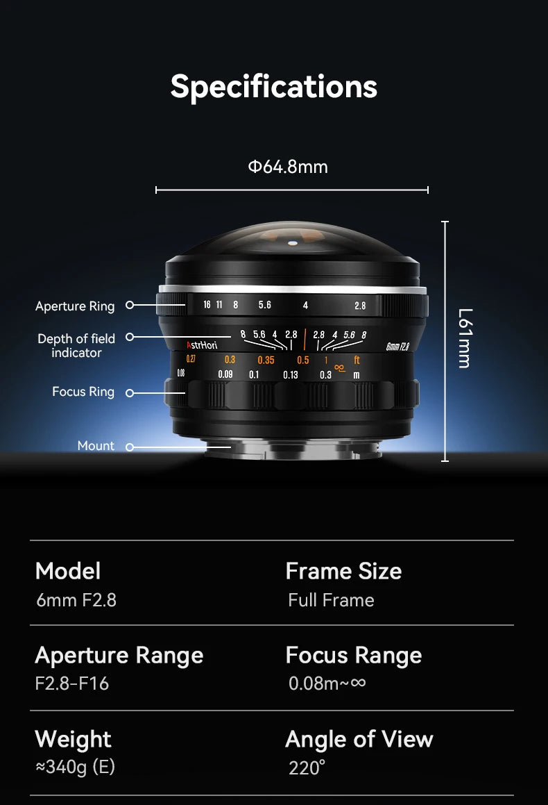 AstrHori 6mm F2.8 Full Frame Circular Fisheye Lens Manual Focus Ultra-wide Angle Camera Lens for SONY E NIKON Z CANON RF L Mount