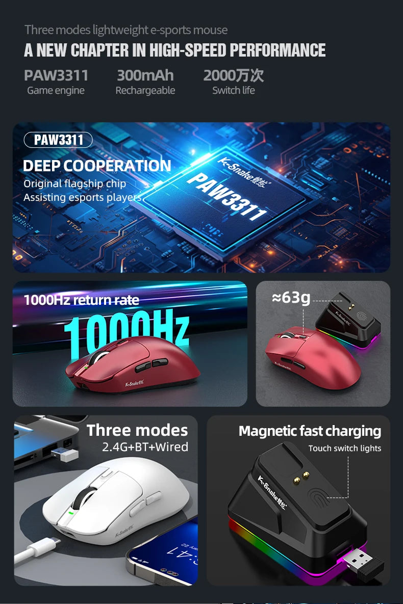 X11 PAW3311 Tri-Mode Bluetooth Mouse 12000 DPI Wireless Mouse Gaming Mouse RGB Touch Magnetic Charging Base BT/2.4G/Wired Mice