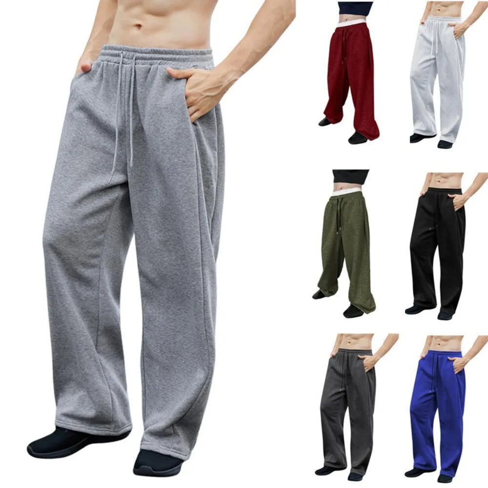 2025 New European and American Men's Sports Pants with Drawstring Waist, Wide Legs, Loose Pants with Pockets