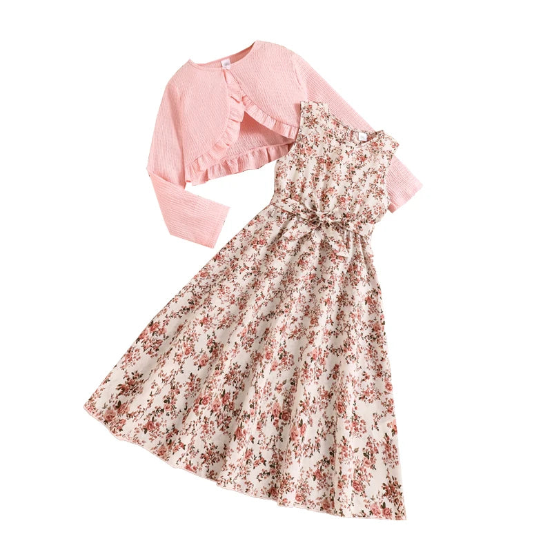 Children Casual Vacation Suits Orange Long-Sleeved Top & Printed Dress Stylish Girls Suits Vacation Holiday Clothes Kids Outfits