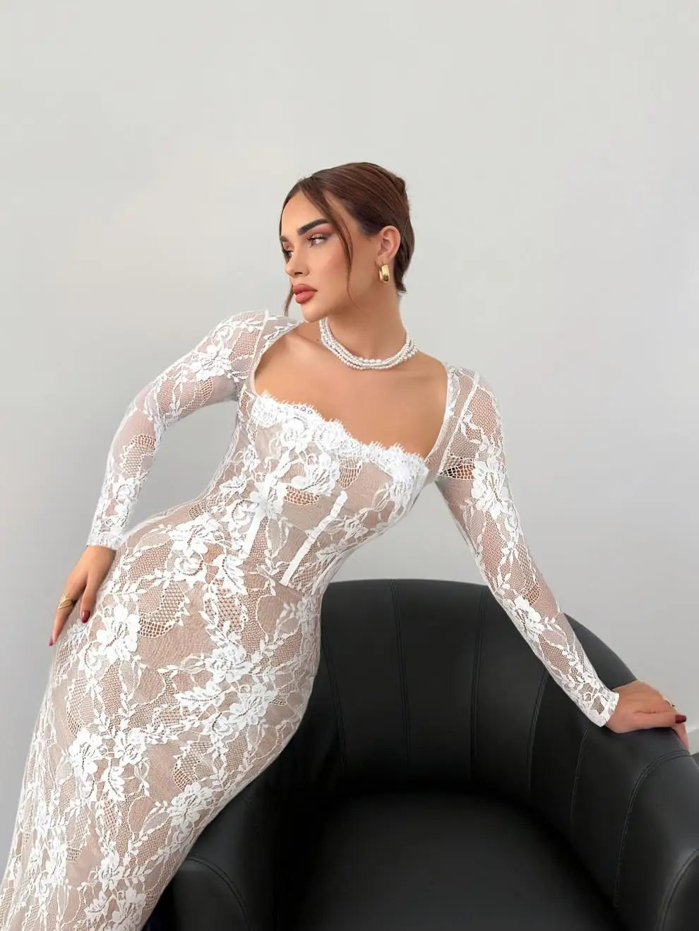 Sexy Women's Dress Slim Fit Lace Romantic And Elegant Temperament Woman Clothing Long Sleeve Square Neck Splicing Long Skirt