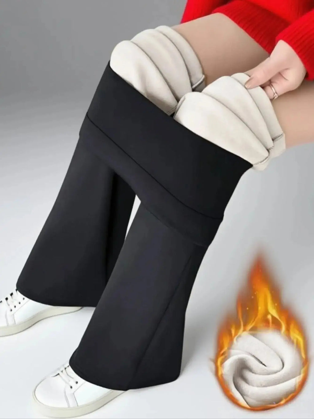 1 pair of women's black wool lined bell bottom pants - winter thick pants with plush lining, warm tight pants with plush lining