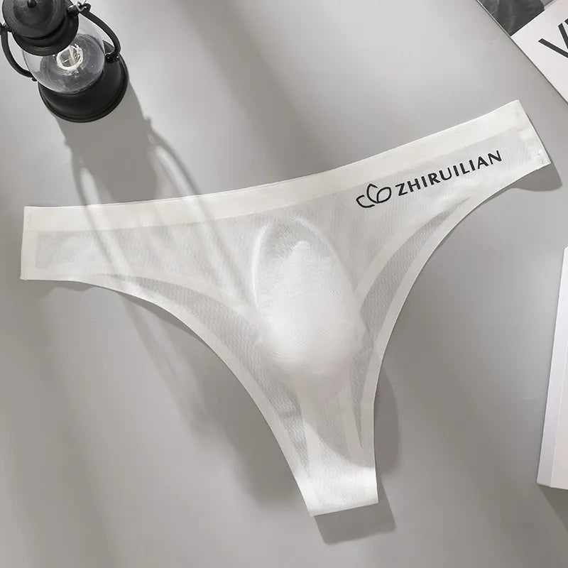 Men's Thongs Low Waist Underwear Sexy Ice Silk T-Back Panties Breathable Quick Drying G-string Seamless Ultra-thin Underpants