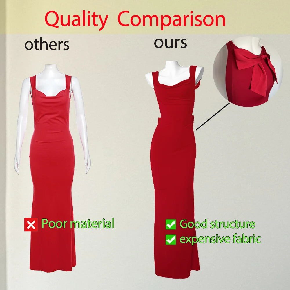 Suninheart Women's Sleeveless Evening Dress Sexy Big Bow Backless Gala Dress Red Maxi Wedding Guest Party Dresses