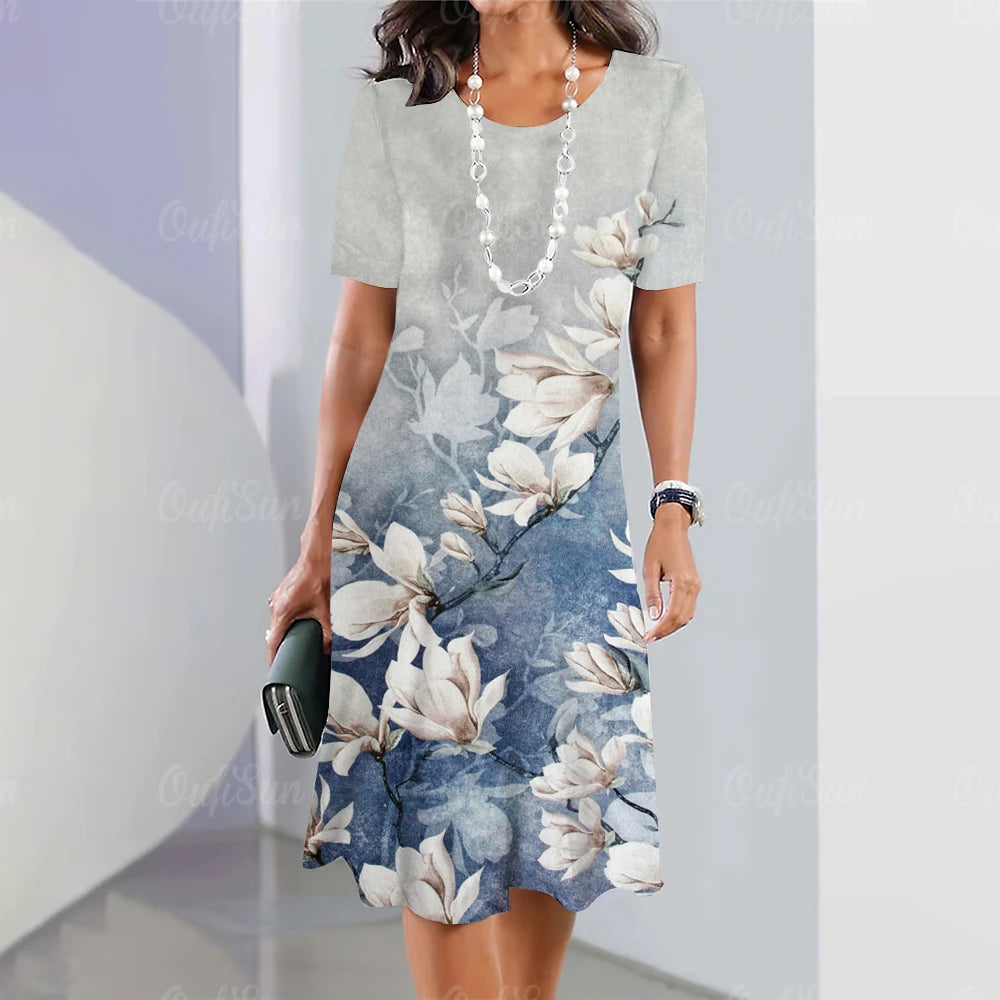 Summer Women'S Dresses 3d Art Flowers Printed Short Sleeve Clothing Elegant Loose A-Line Skirt Fashion Lady Large Size Dress