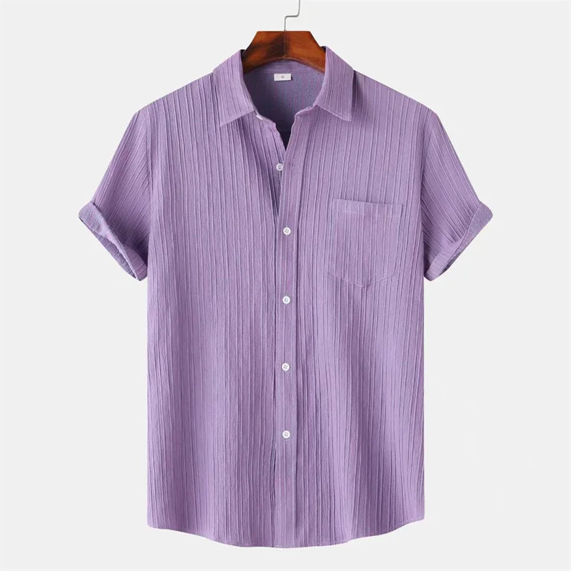 New 9 Color Men's Solid Striped Shirt Summer Fashion Short Sleeve Flap Top Men Casual Holiday Everyday Men